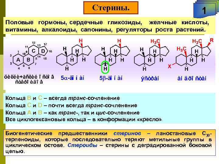  Стерины. 1 Половые гормоны, сердечные гликозиды, желчные кислоты, витамины, алкалоиды, сапонины, регуляторы роста