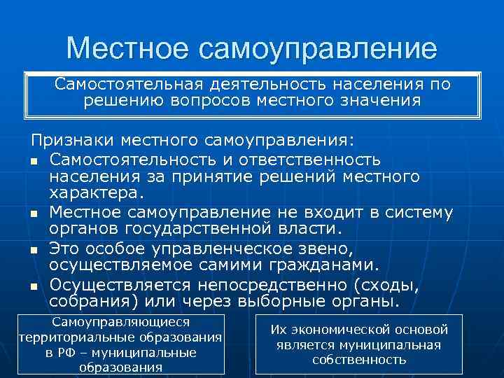  Местное самоуправление Самостоятельная деятельность населения по решению вопросов местного значения Признаки местного самоуправления: