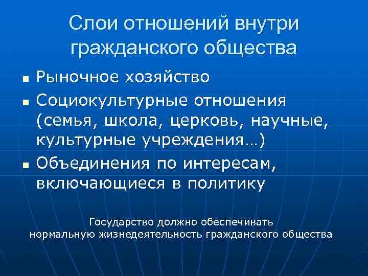  Слои отношений внутри гражданского общества n Рыночное хозяйство n Социокультурные отношения (семья, школа,