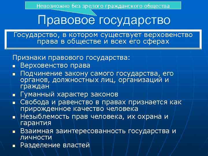  Невозможно без зрелого гражданского общества Правовое государство Государство, в котором существует верховенство права