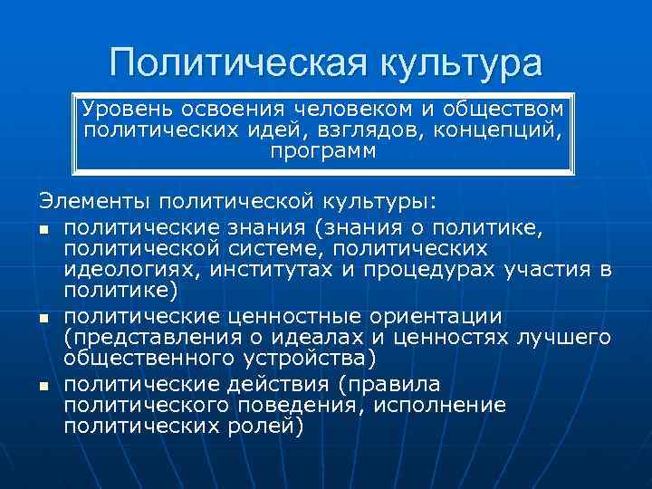  Политическая культура Уровень освоения человеком и обществом политических идей, взглядов, концепций, программ Элементы