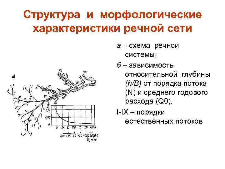 Структура и морфологические характеристики речной сети а – схема речной системы; б – зависимость
