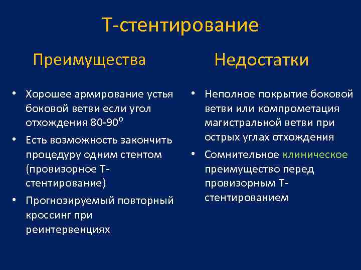 T-стентирование Преимущества • Хорошее армирование устья боковой ветви если угол отхождения 80 -90⁰ •