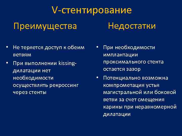V-стентирование Преимущества • Не теряется доступ к обеим ветвям • При выполнении kissingдилатации нет