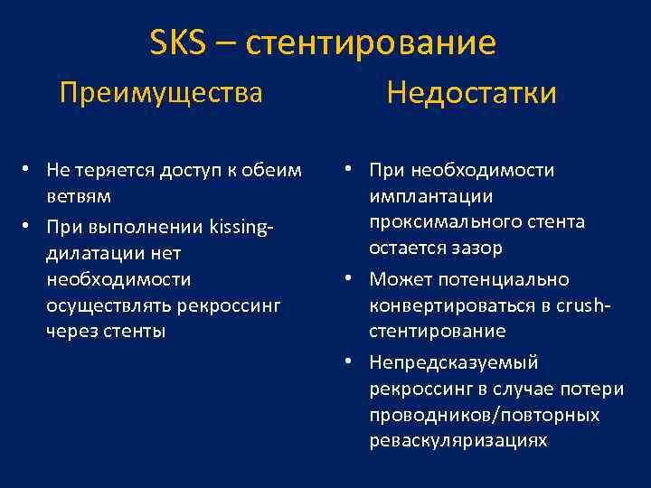 SKS – стентирование Преимущества • Не теряется доступ к обеим ветвям • При выполнении