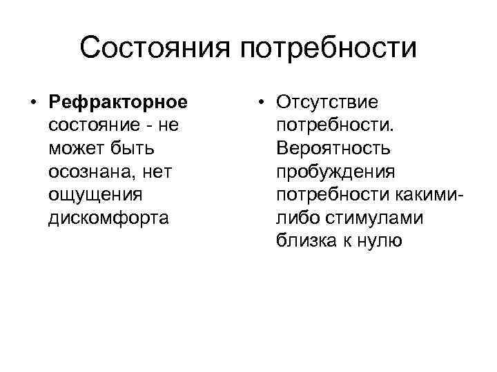 Состояния потребности • Рефракторное состояние - не может быть осознана, нет ощущения дискомфорта •