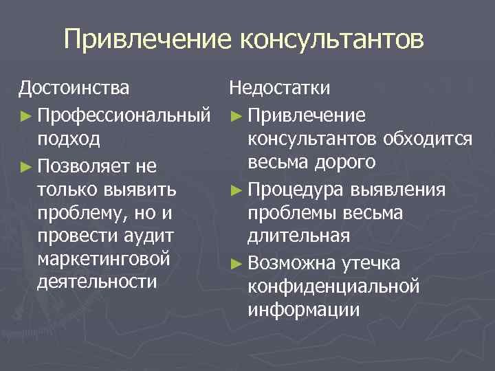 Привлечение консультантов Достоинства ► Профессиональный подход ► Позволяет не только выявить проблему, но и
