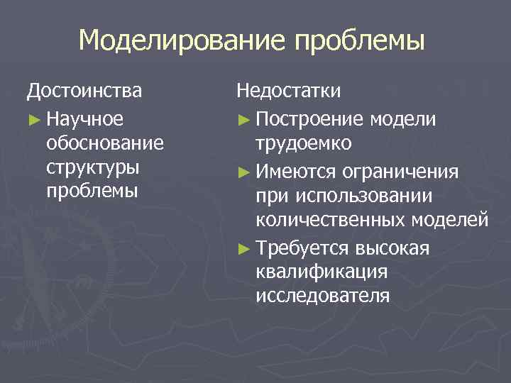 Моделирование проблемы Достоинства ► Научное обоснование структуры проблемы Недостатки ► Построение модели трудоемко ►