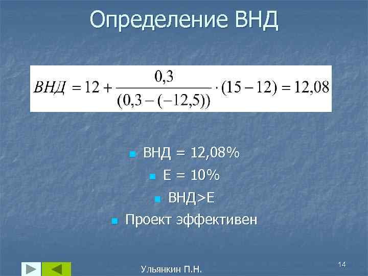 Определение ВНД n ВНД = 12, 08% n n n E = 10% ВНД>E