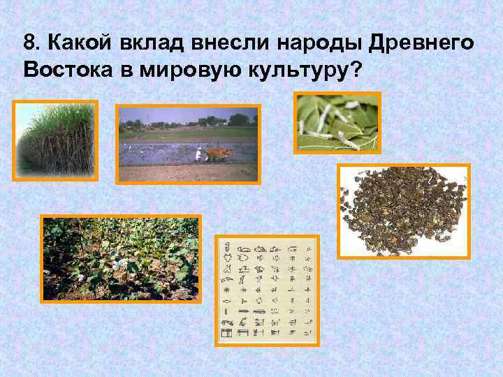 8. Какой вклад внесли народы Древнего Востока в мировую культуру? 