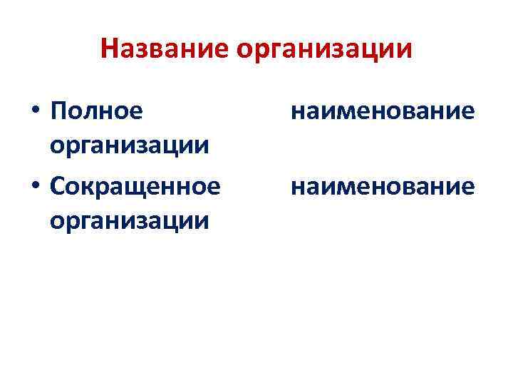 Название организации • Полное организации • Сокращенное организации наименование 