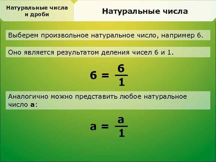 Натуральные числа и дроби Натуральные числа Выберем произвольное натуральное число, например 6. Оно является