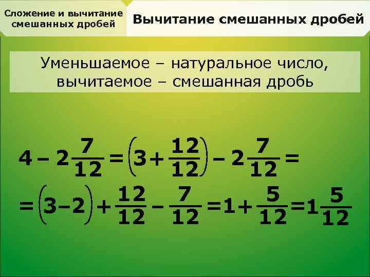 Сложение и вычитание смешанных дробей Вычитание смешанных дробей Уменьшаемое – натуральное число, вычитаемое –
