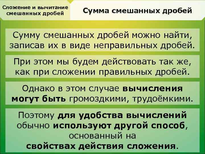 Сложение и вычитание смешанных дробей Сумма смешанных дробей Сумму смешанных дробей можно найти, записав