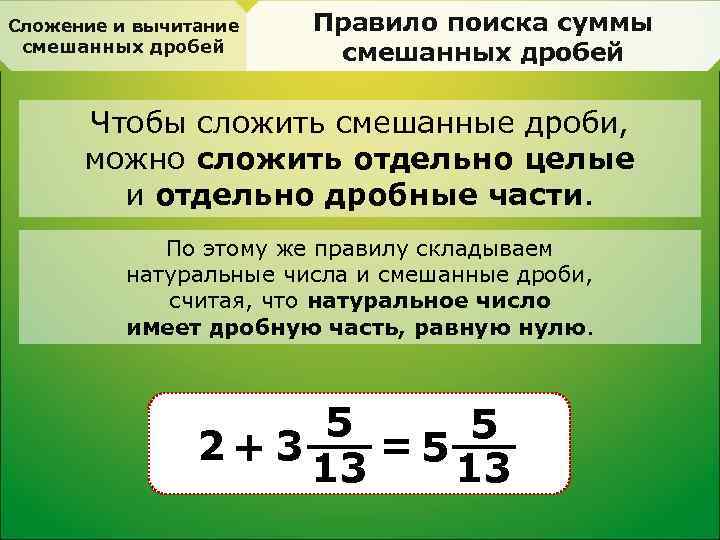Сложение и вычитание смешанных дробей Правило поиска суммы смешанных дробей Чтобы сложить смешанные дроби,