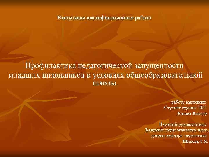 Выпускная квалификационная работа Профилактика педагогической запущенности младших школьников в условиях общеобразовательной школы. работу выполнил: