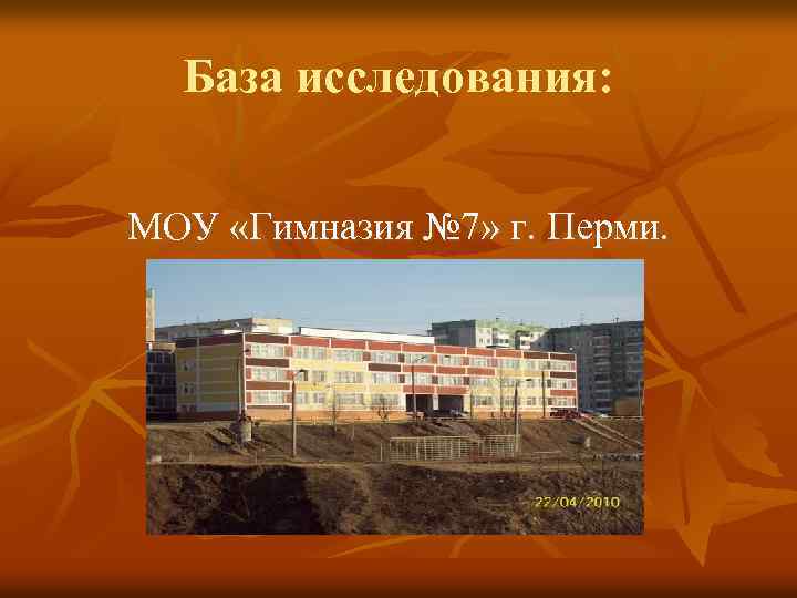 База исследования: МОУ «Гимназия № 7» г. Перми. 