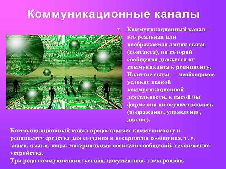 Коммуникационные каналы Коммуникационный канал — это реальная или воображаемая линия связи (контакта), по которой