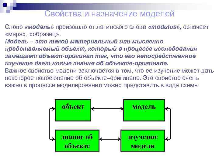 Свойства и назначение моделей Слово «модель» произошло от латинского слова «modulus» , означает «мера»