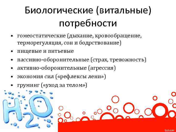 Биологические (витальные) потребности • гомеостатические (дыхание, кровообращение, терморегуляция, сон и бодрствование) • пищевые и