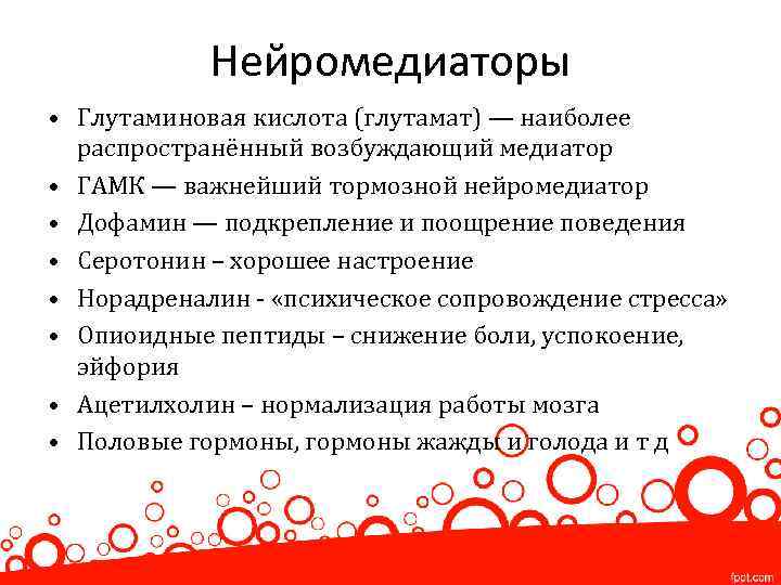 Нейромедиаторы • Глутаминовая кислота (глутамат) — наиболее распространённый возбуждающий медиатор • ГАМК — важнейший