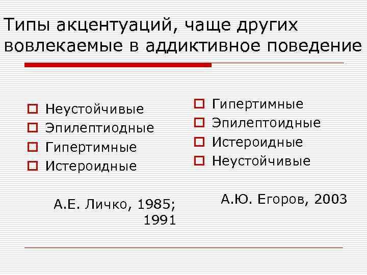 Типы акцентуаций, чаще других вовлекаемые в аддиктивное поведение o o Неустойчивые Эпилептиодные Гипертимные Истероидные