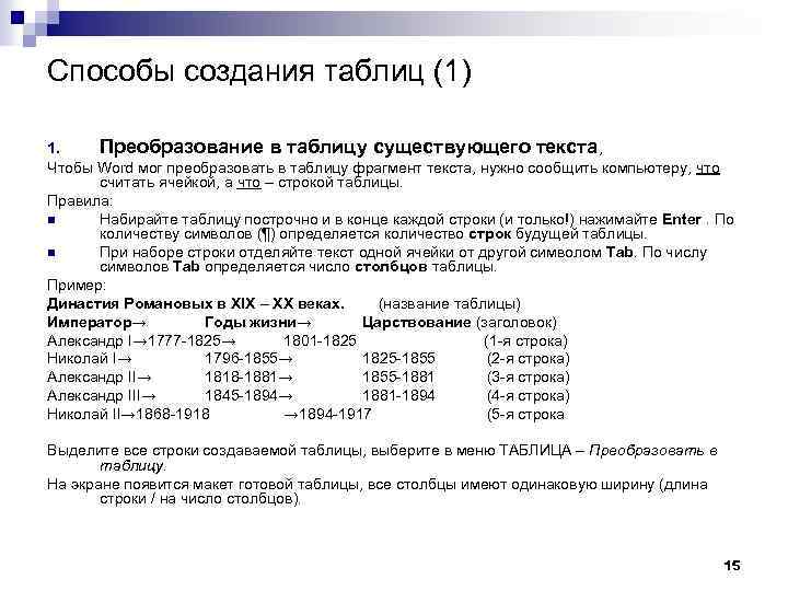 Способы создания таблиц (1) 1. Преобразование в таблицу существующего текста, Чтобы Word мог преобразовать