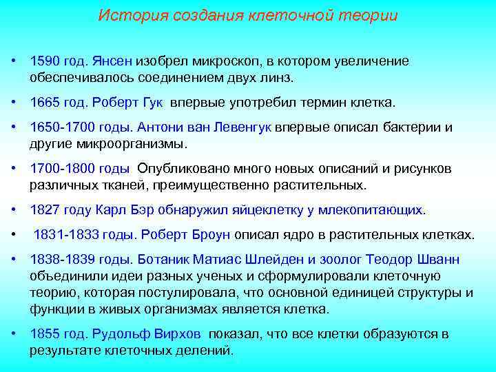 История создания клеточной теории • 1590 год. Янсен изобрел микроскоп, в котором увеличение обеспечивалось