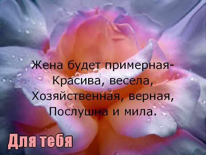 Жена будет примерная. Красива, весела, Хозяйственная, верная, Послушна и мила. 