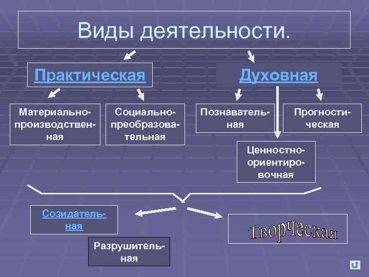 Виды деятельности. Практическая Материальнопроизводственная Социальнопреобразовательная Духовная Познавательная Прогностическая Ценностноориентировочная Созидательная Разрушительная 