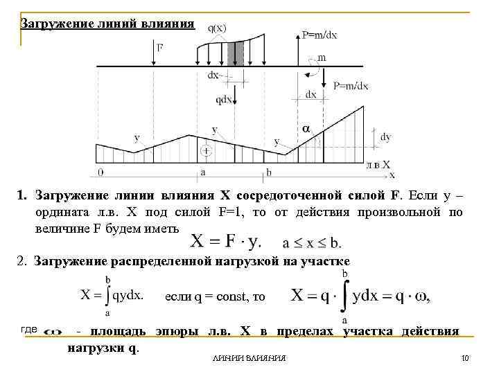 Загружение линий влияния 1. Загружение линии влияния Х сосредоточенной силой F. Если y –