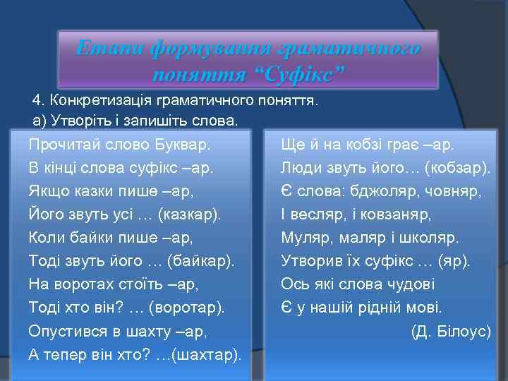 Етапи формування граматичного поняття “Суфікс” 4. Конкретизація граматичного поняття. а) Утворіть і запишіть слова.