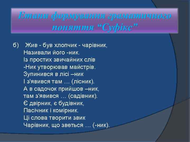 Етапи формування граматичного поняття “Суфікс” б) Жив був хлопчик чарівник, Називали його ник. Із