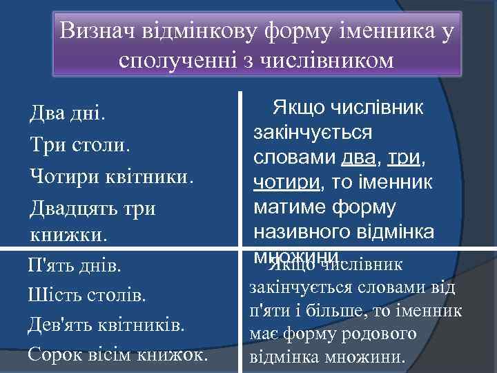 Визнач відмінкову форму іменника у сполученні з числівником Два дні. Три столи. Чотири квітники.