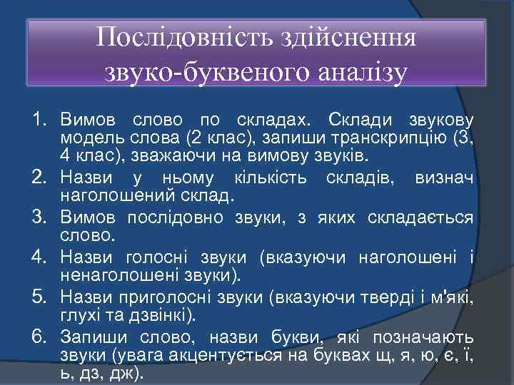 Послідовність здійснення звуко-буквеного аналізу 1. Вимов слово по складах. Склади звукову 2. 3. 4.