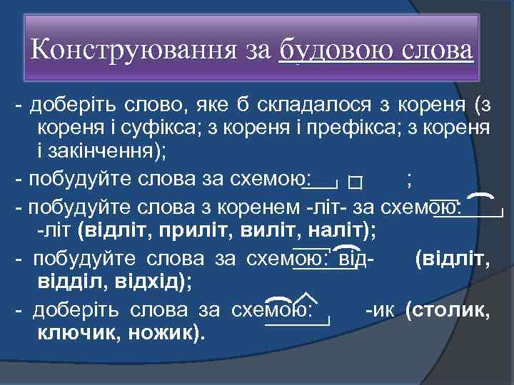 Конструювання за будовою слова доберіть слово, яке б складалося з кореня (з кореня і