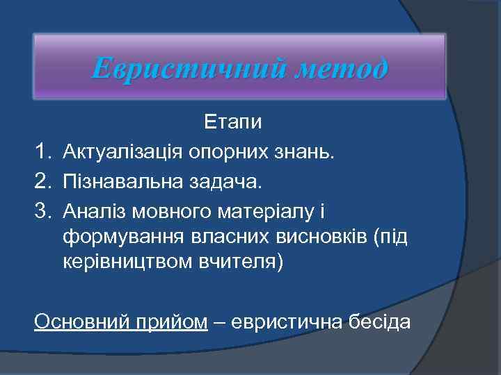 Евристичний метод Етапи 1. Актуалізація опорних знань. 2. Пізнавальна задача. 3. Аналіз мовного матеріалу