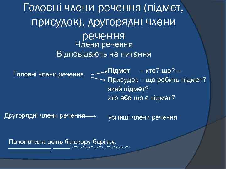 Головні члени речення (підмет, присудок), другорядні члени речення Члени речення Відповідають на питання Головні