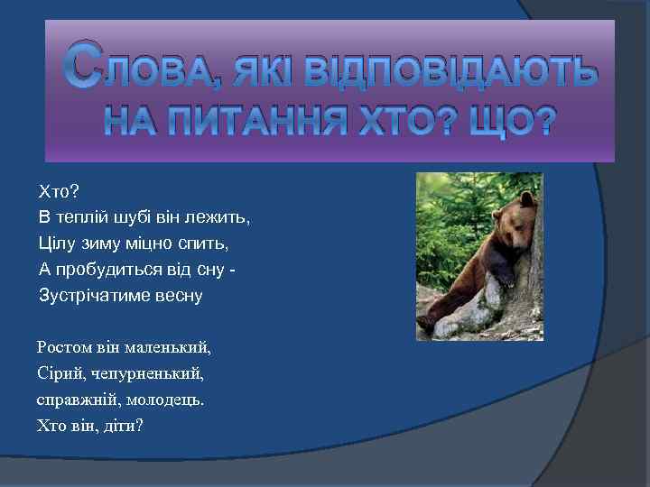СЛОВА, ЯКІ ВІДПОВІДАЮТЬ НА ПИТАННЯ ХТО? ЩО? Хто? В теплій шубі він лежить, Цілу