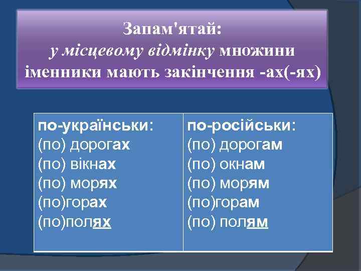 Запам'ятай: у місцевому відмінку множини іменники мають закінчення -ах(-ях) по-українськи: (по) дорогах (по) вікнах
