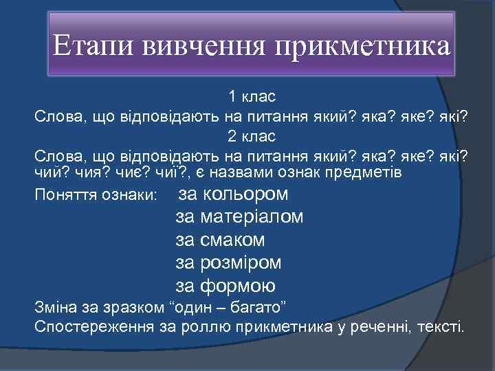 Етапи вивчення прикметника 1 клас Слова, що відповідають на питання який? яка? яке? які?