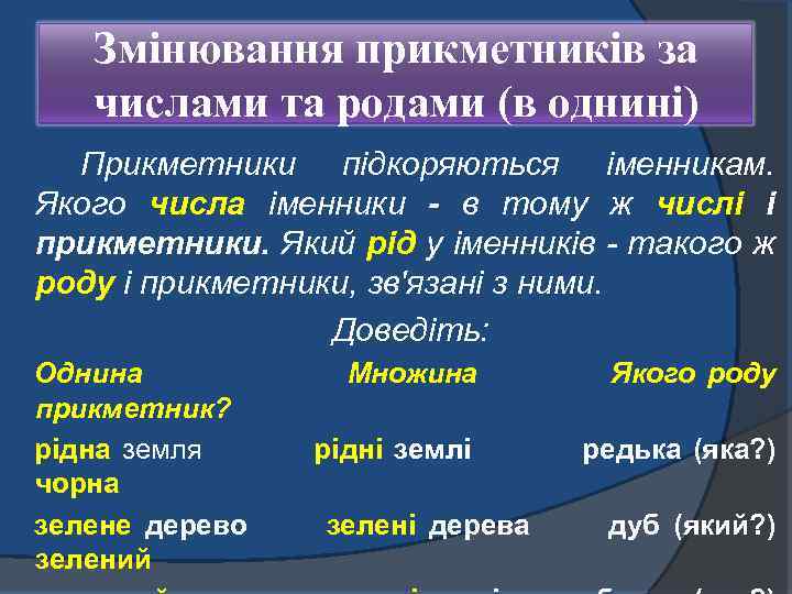 Змінювання прикметників за числами та родами (в однині) Прикметники підкоряються іменникам. Якого числа іменники