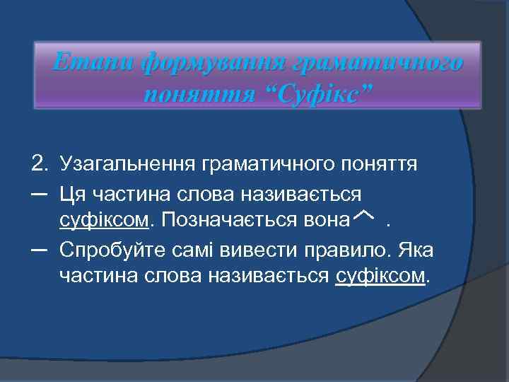 Етапи формування граматичного поняття “Суфікс” 2. Узагальнення граматичного поняття ─ Ця частина слова називається