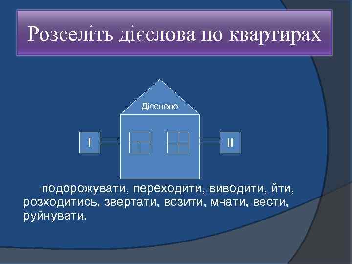 Розселіть дієслова по квартирах Дієслово І ІІ подорожувати, переходити, виводити, йти, розходитись, звертати, возити,