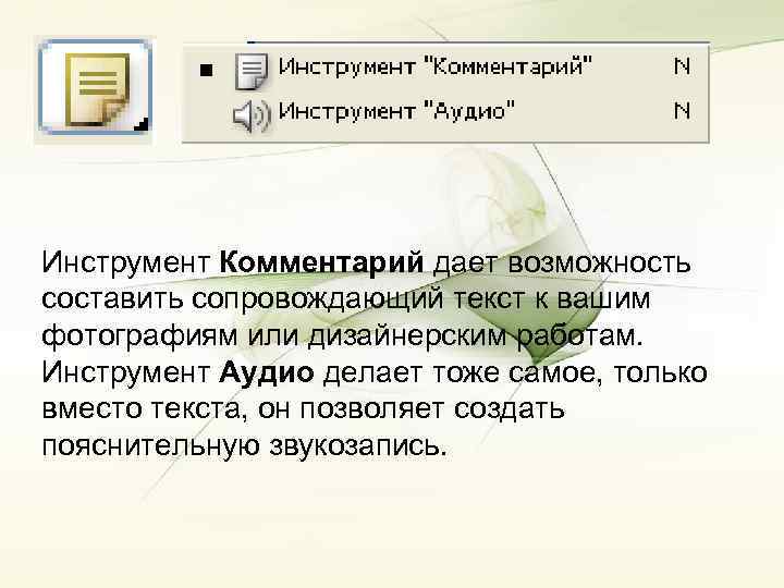 Инструмент Комментарий дает возможность составить сопровождающий текст к вашим фотографиям или дизайнерским работам. Инструмент
