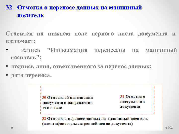 32. Отметка о переносе данных на машинный носитель Ставится на нижнем поле первого листа