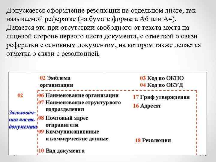 Допускается оформление резолюции на отдельном листе, так называемой рефератке (на бумаге формата А 6