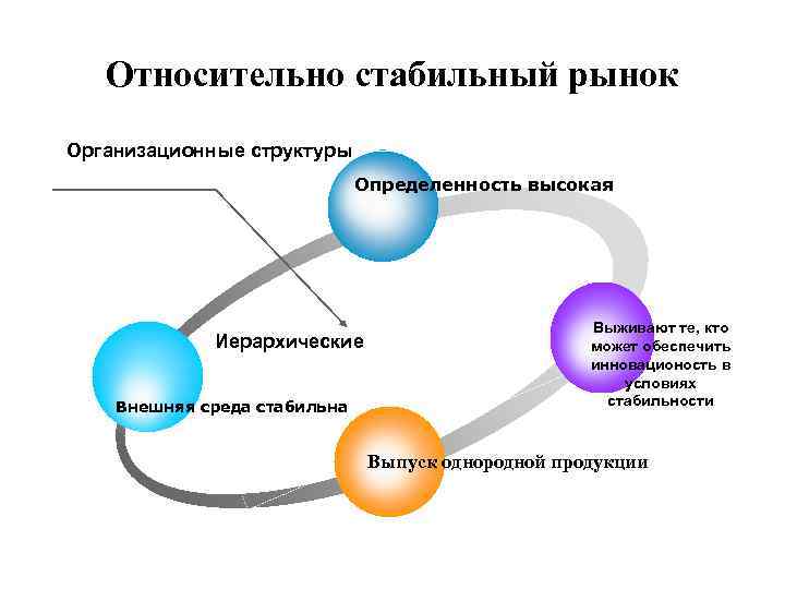 Относительно стабильный рынок Организационные структуры Определенность высокая Иерархические Внешняя среда стабильна Выживают те, кто