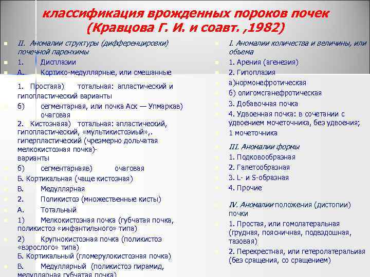 классификация врожденных пороков почек (Кравцова Г. И. и соавт. , 1982) n n n