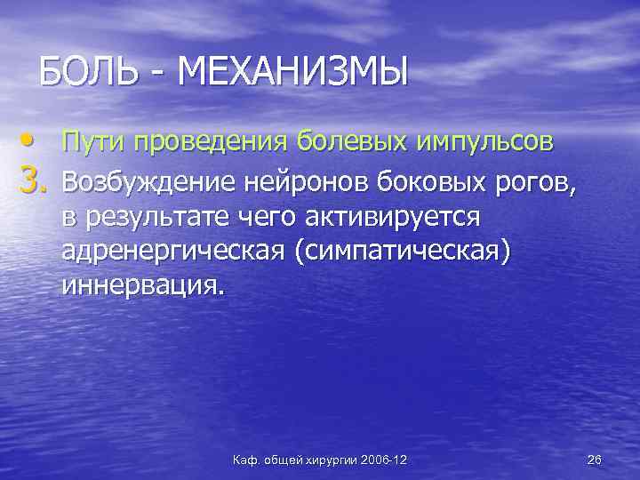 БОЛЬ - МЕХАНИЗМЫ • Пути проведения болевых импульсов 3. Возбуждение нейронов боковых рогов, в